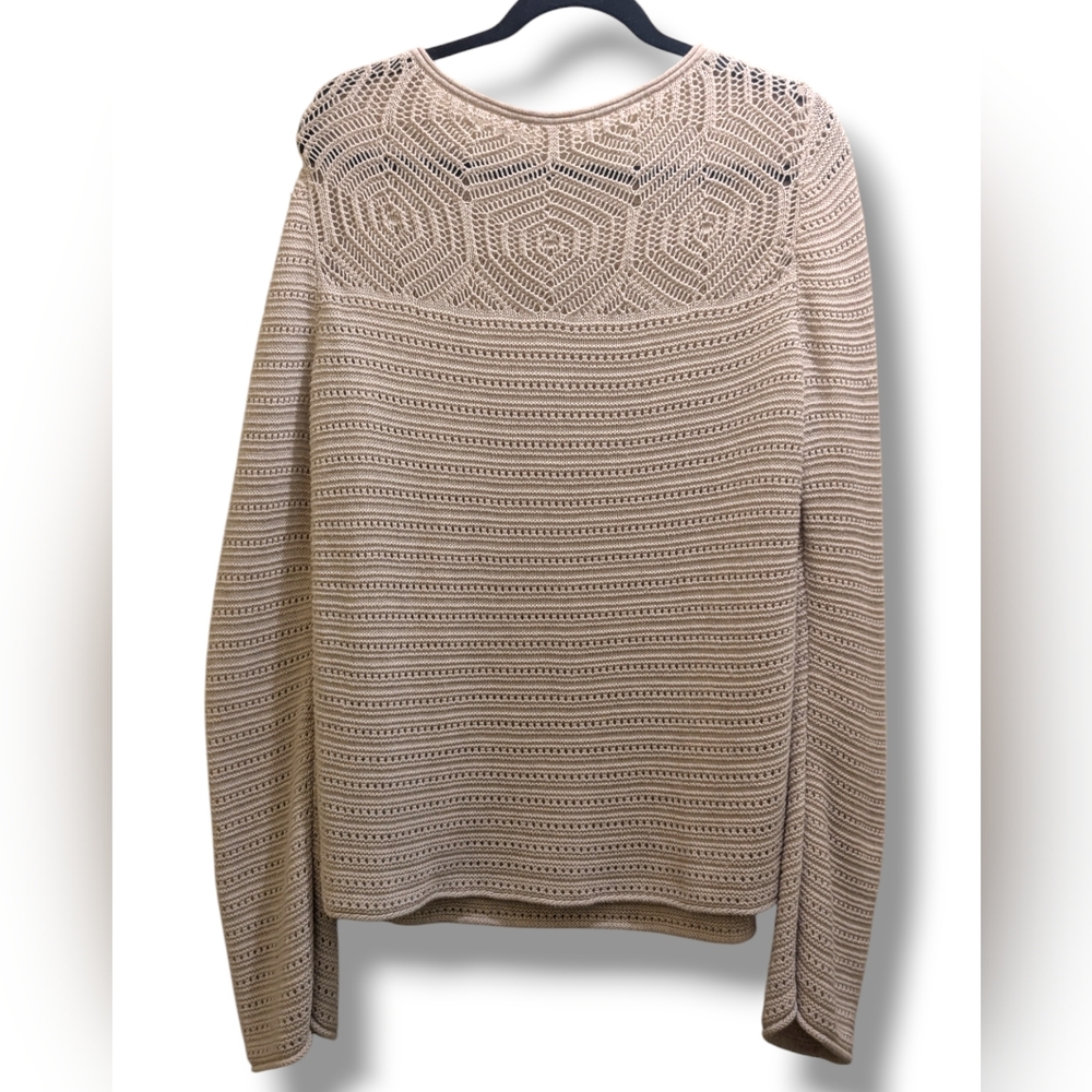 GAP Crochet Yoke Pattern Oatmeal Heather Cotton Knit Long Sleeve Sweater Top- L - Picture 2 of 11